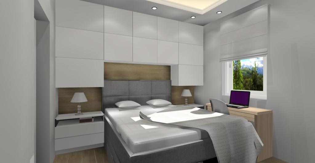 Projekt sypialni w stylu nowoczesnym, zabudowa meblowa do sufitu, jasne wnętrze, sypialnia w kolorze białym i drewno